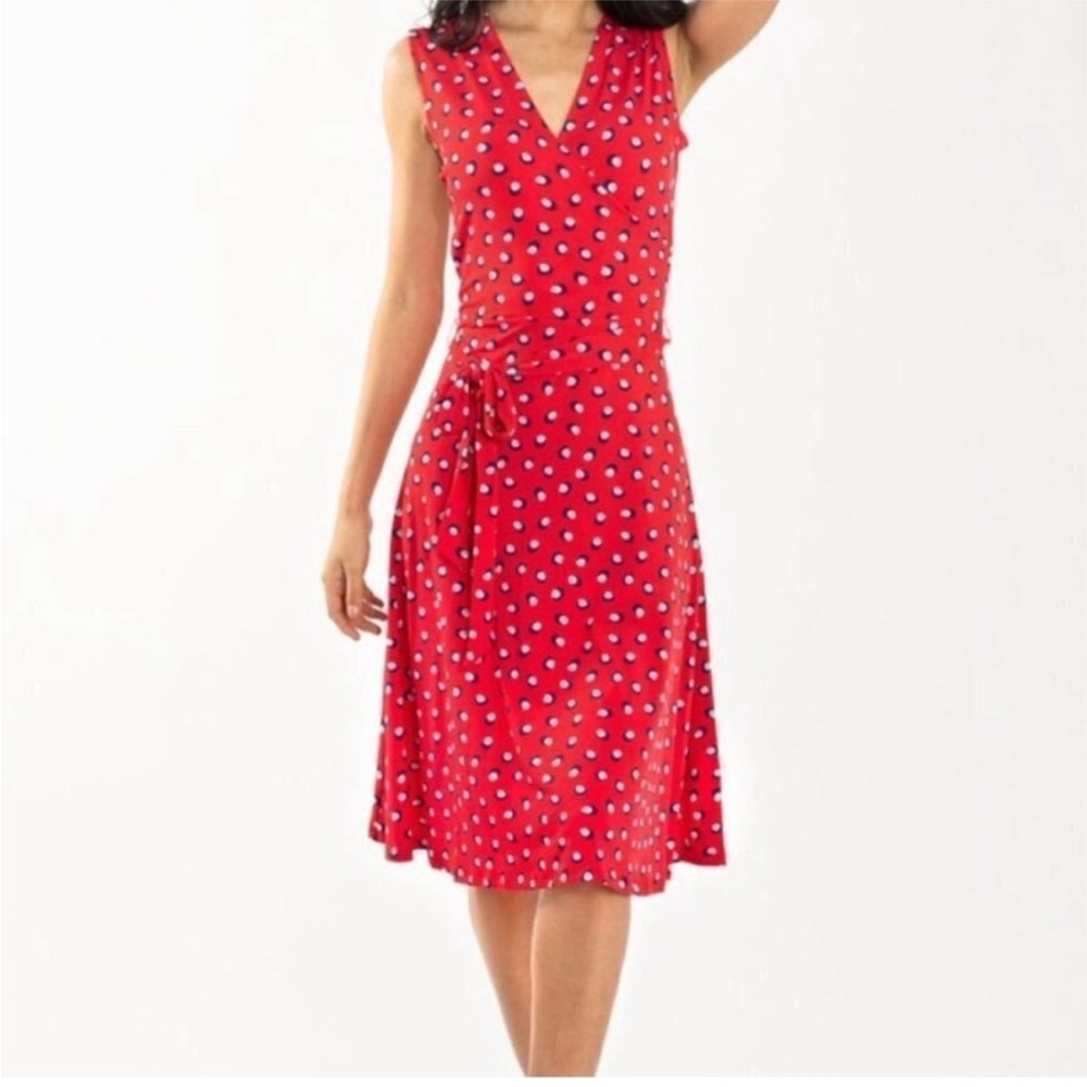 Leota Finnley Martini Dot Faux Wrap Jersey Dress M Medium Red Black Blue Vneck